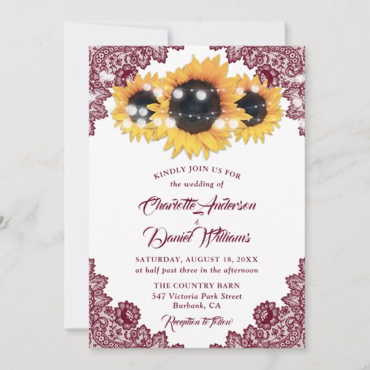 Burgundy Elegant Floral Lace Sunflower Wedding Kaart (Voorkant)