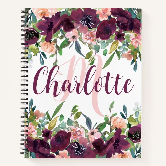 Burgundy elegant Floral Sketchbook Monogram Naam Notitieboek (Voorkant)