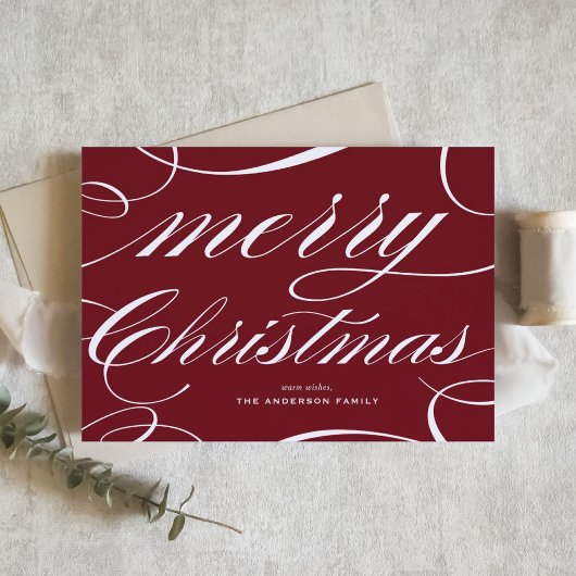 Burgundy Elegant Flourish Script Merry Christmas Feestdagenkaart