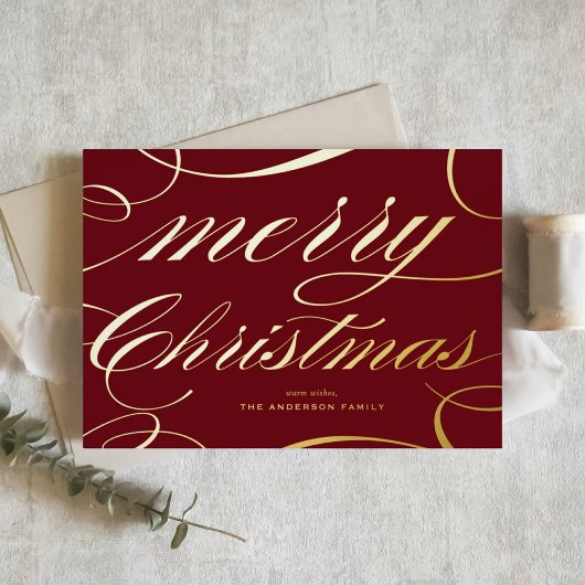 Burgundy Elegant Flourish Script Merry Christmas Folie Feestdagenkaart