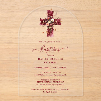 Burgundy Elegant Glitter Floral Cross Baptism Acryl Uitnodigingen