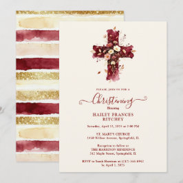 Burgundy Elegant Glitter Floral Cross Baptism Kaart