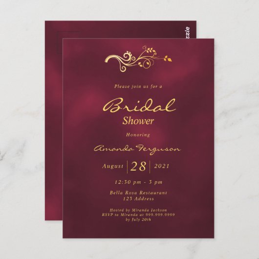 Burgundy elegant klassieke bruiddoucheuitnodiging briefkaart (Voorkant / Achterkant)