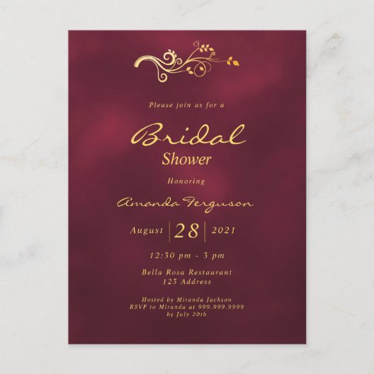 Burgundy elegant klassieke bruiddoucheuitnodiging briefkaart (Voorkant)