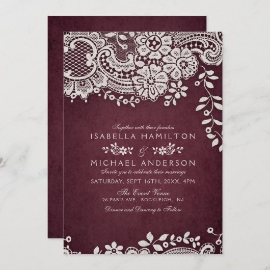 Burgundy elegant  lace rustige bruiloft kaart (Voorkant / Achterkant)