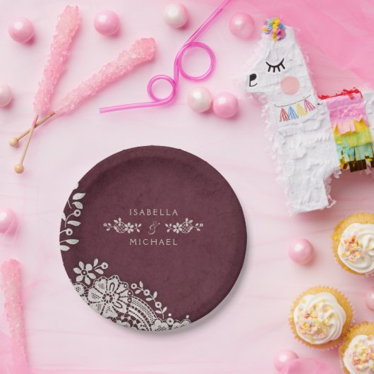 Burgundy elegant lace rustige bruiloft papieren bordje (Feest)