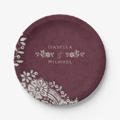 Burgundy elegant lace rustige bruiloft papieren bordje (Voorkant)
