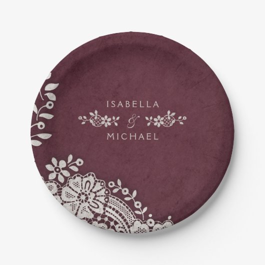Burgundy elegant lace rustige bruiloft papieren bordje (Voorkant)