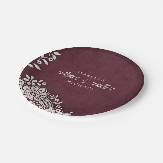 Burgundy elegant lace rustige bruiloft papieren bordje (Gekanteld)