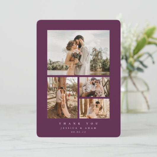 Burgundy Elegant Minimal 4 Photo Wedding Flat Bedankkaart (Staand voorkant)