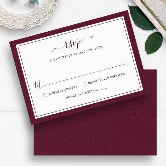 Burgundy Elegant Minimalist Border Script Weduwen RSVP Kaartje