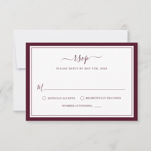 Burgundy Elegant Minimalist Border Script Weduwen RSVP Kaartje (Voorkant)