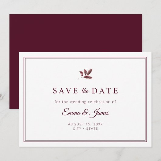 Burgundy Elegant Minimalist Wedding Save The Date (Voorkant / Achterkant)