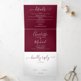 Burgundy Elegant Script Minimalist Photo Weddensch Drieluik Uitnodiging