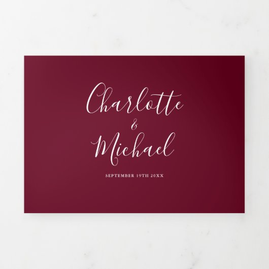 Burgundy Elegant Script Monogram Weddenschap Drieluik Uitnodiging (Cover)