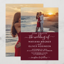 Burgundy Elegant Script Photo Wedding Kaart