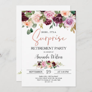 Burgundy Elegant Script Surprise Retirement Party Kaart