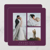 Burgundy Elegant Square Three Photo Wedding Bedankkaart (Voorkant / Achterkant)