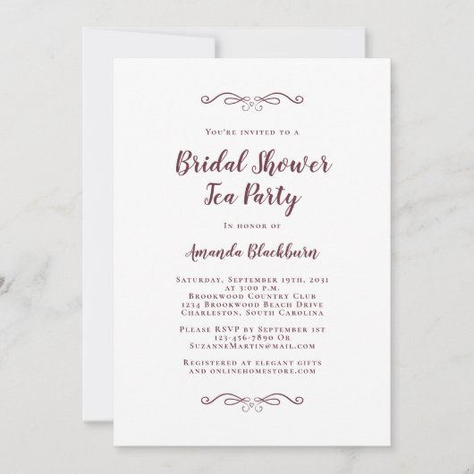 Burgundy Elegant Tea Weddings Vrijgezellenfeest Mo Kaart (Voorkant)