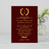 Burgundy Elegant Typography Laurel Wreath Monogram Folie Uitnodiging (Staand Voorkant)