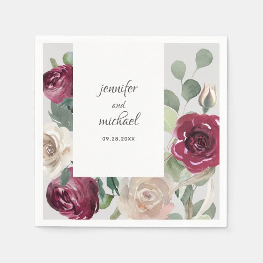 Burgundy en Beige Rustic Floral Wedding Servet (Voorkant)