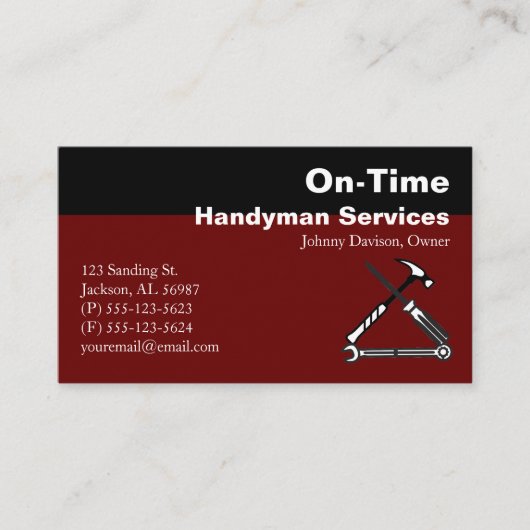 Burgundy en Black Handyman Services Visitekaartje (Voorkant)