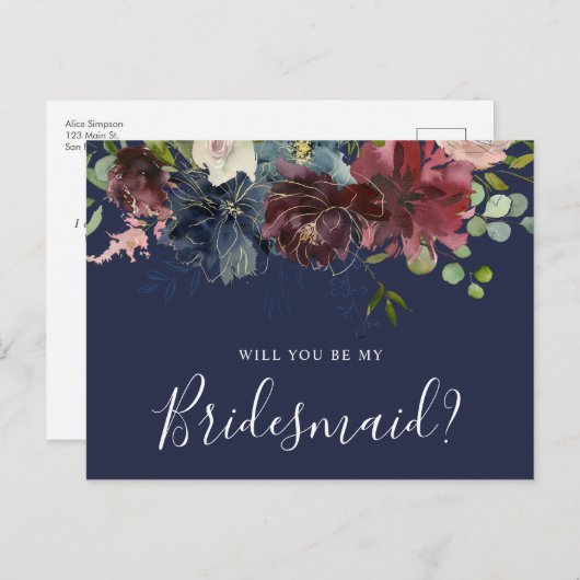 Burgundy en Blauwe Floral zullen jullie mijn Bride Uitnodiging Briefkaart (Voorkant / Achterkant)