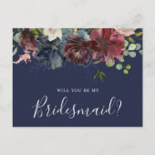 Burgundy en Blauwe Floral zullen jullie mijn Bride Uitnodiging Briefkaart (Voorkant)