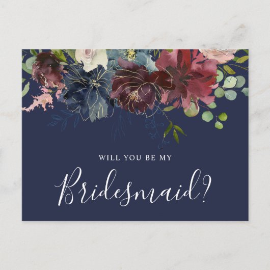 Burgundy en Blauwe Floral zullen jullie mijn Bride Uitnodiging Briefkaart (Voorkant)