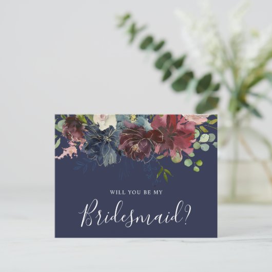 Burgundy en Blauwe Floral zullen jullie mijn Bride Uitnodiging Briefkaart (Staand voorkant)