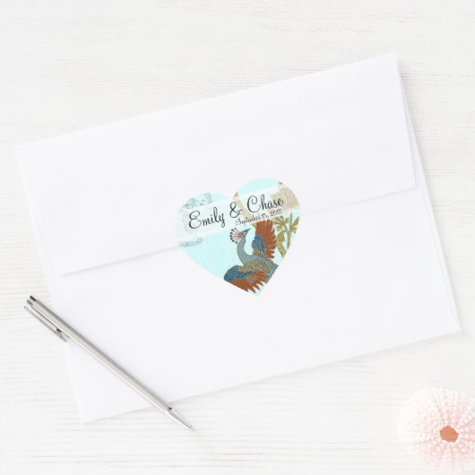 Burgundy en Blauwgroen Peacock Wedding Sticker (Envelop)