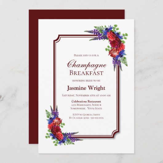 Burgundy en Blue Floral Champagne Breakfast Kaart (Voorkant / Achterkant)