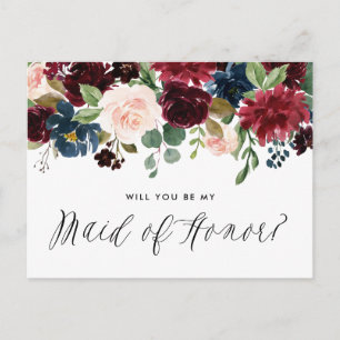 Burgundy en Blue Floral Garland Maid of Honor Uitnodiging Briefkaart