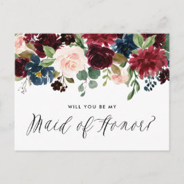 Burgundy en Blue Floral Garland Maid of Honor Uitnodiging Briefkaart
