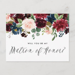 Burgundy en Blue Floral Garland Matron of Honor Uitnodiging Briefkaart