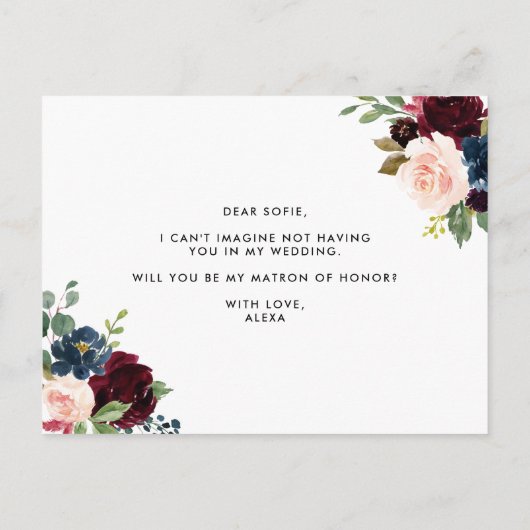 Burgundy en Blue Floral Garland Matron of Honor Uitnodiging Briefkaart (Achterkant)