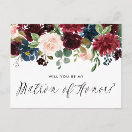Burgundy en Blue Floral Garland Matron of Honor Uitnodiging Briefkaart