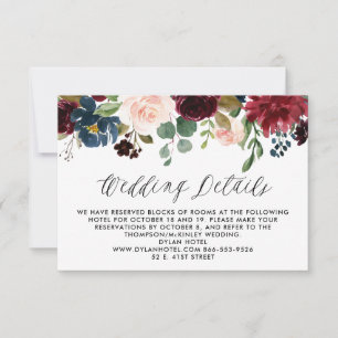 Burgundy en Blue Floral Garland Wedding Details RSVP Kaartje