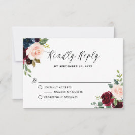 Burgundy en Blue Floral Garland Wedding RSVP Kaart
