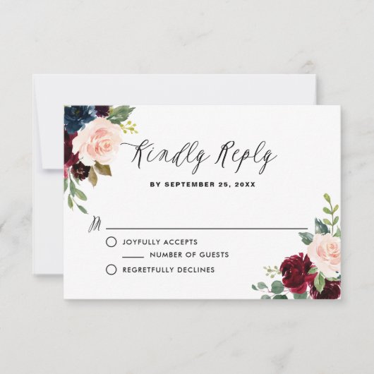 Burgundy en Blue Floral Garland Wedding RSVP Kaart (Voorkant)