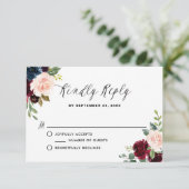 Burgundy en Blue Floral Garland Wedding RSVP Kaart (Staand voorkant)