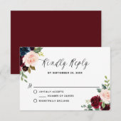 Burgundy en Blue Floral Garland Wedding RSVP Kaart (Voorkant / Achterkant)