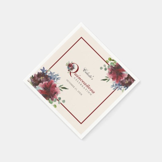 Burgundy en Blue Floral Quinceanera Party Servet (Hoek)