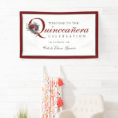 Burgundy en Blue Floral Quinceanera Party Spandoek (Insitu)