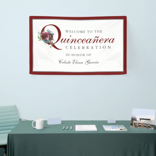 Burgundy en Blue Floral Quinceanera Party Spandoek (Beurs)