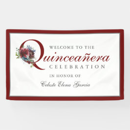 Burgundy en Blue Floral Quinceanera Party Spandoek