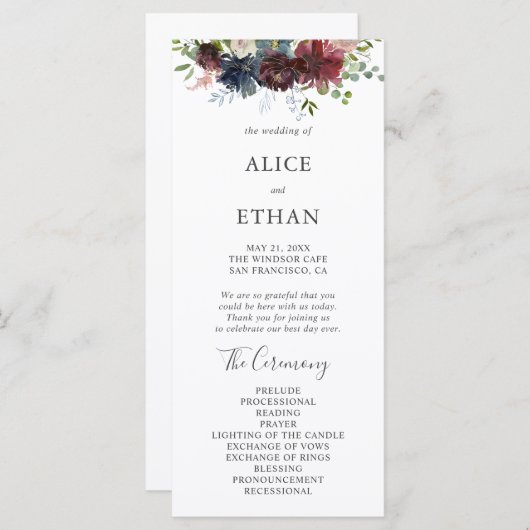 Burgundy en Blue Floral Wedding Programme Programmakaart (Voorkant / Achterkant)