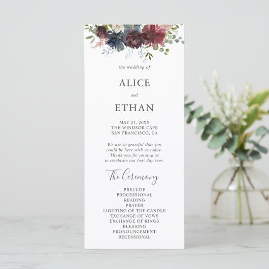 Burgundy en Blue Floral Wedding Programme Programmakaart (Staand voorkant)