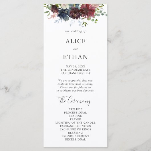 Burgundy en Blue Floral Wedding Programme Programmakaart (Voorkant)