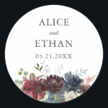 Burgundy en Blue Floral Wedding Ronde Sticker<br><div class="desc">Bogundy en blauw waterverf florale schikking.</div>